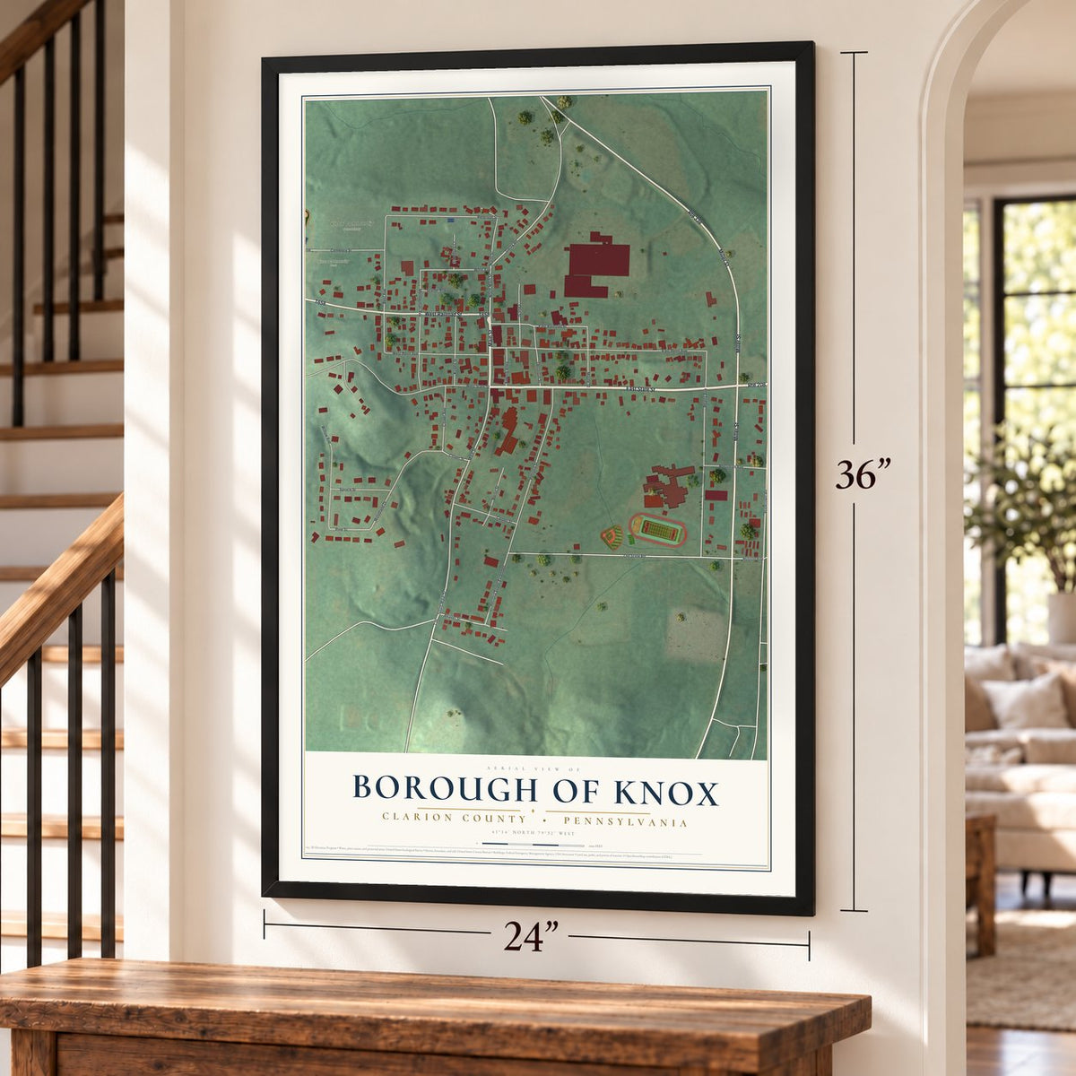 Borough of Knox, Clarion County, Pennsylvania map, 24 x 36 inch print in a black frame by a staircase