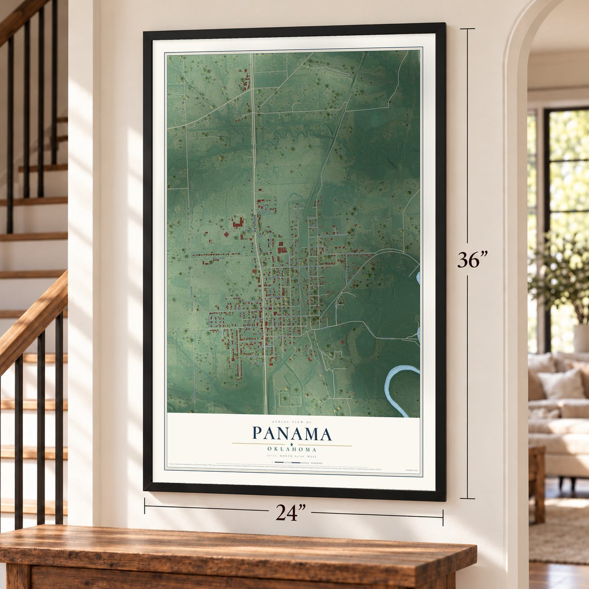 Panama, Oklahoma map, 24 x 36 inch print in a black frame by a staircase