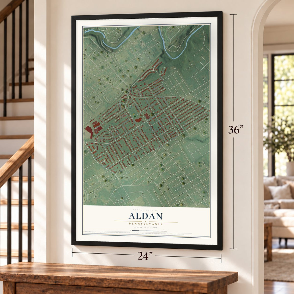 Aldan, Pennsylvania map, 24 x 36 inch print in a black frame by a staircase