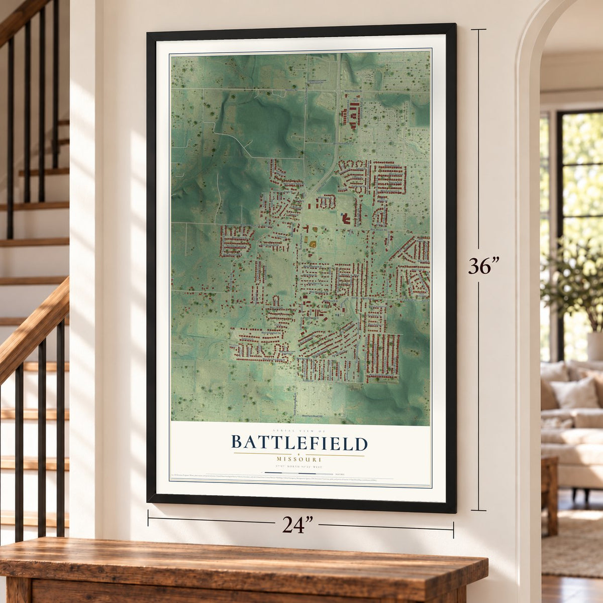 Battlefield, Missouri map, 24 x 36 inch print in a black frame by a staircase