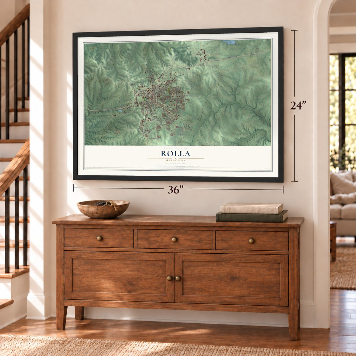 Rolla, Missouri map, 24 x 36 inch print in a black frame above a dresser by a staircase