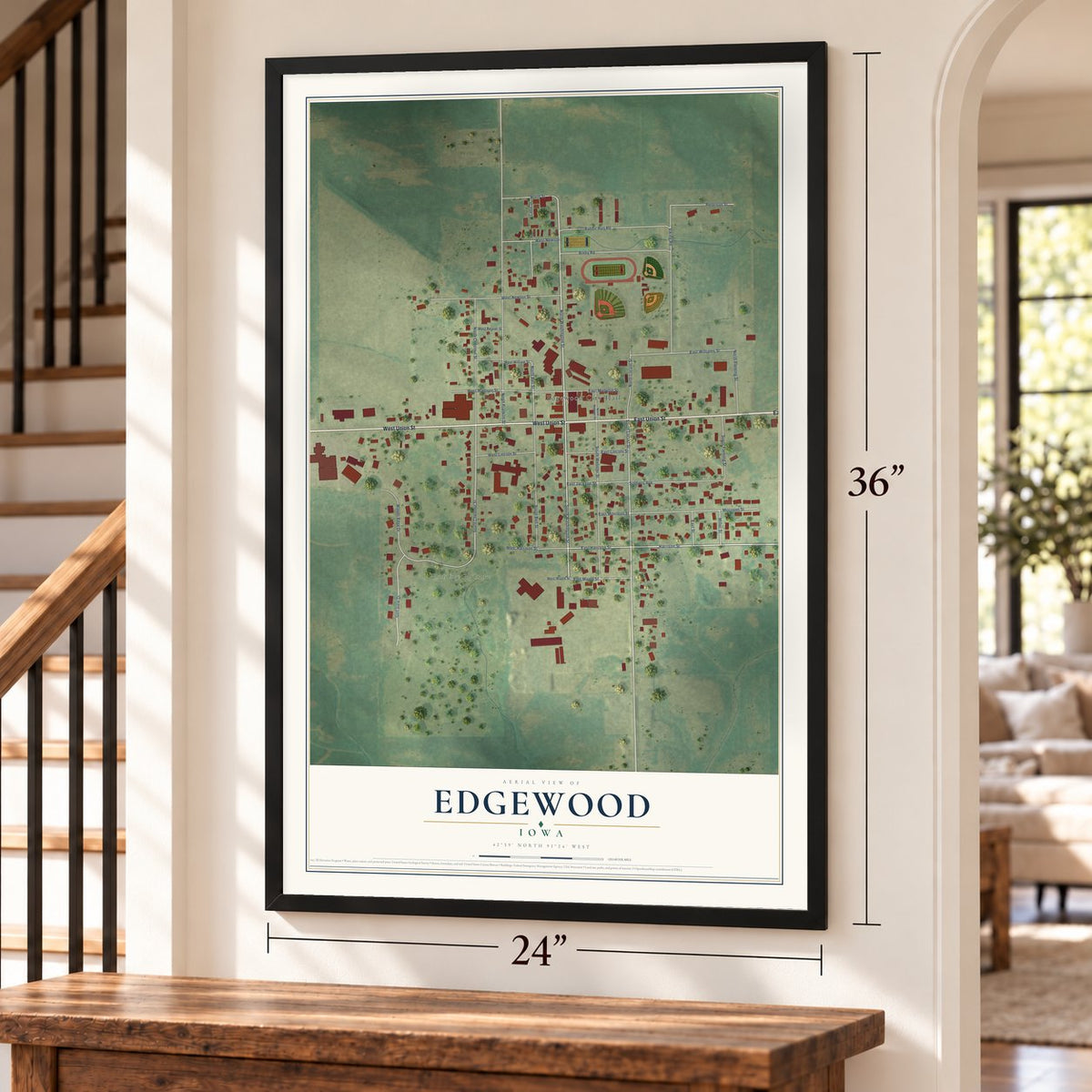 Edgewood, Iowa map, 24 x 36 inch print in a black frame by a staircase