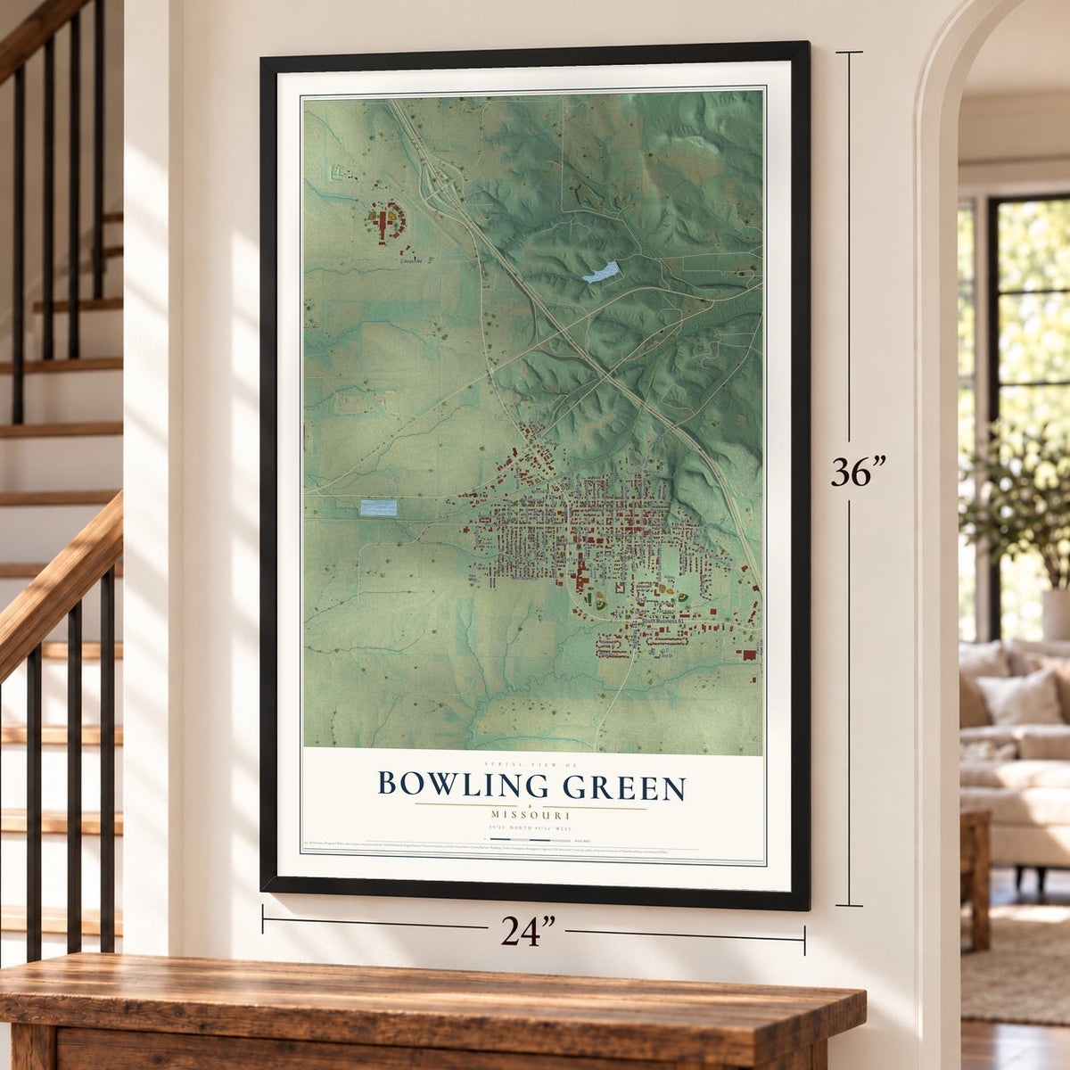 Bowling Green, Missouri map, 24 x 36 inch print in a black frame by a staircase