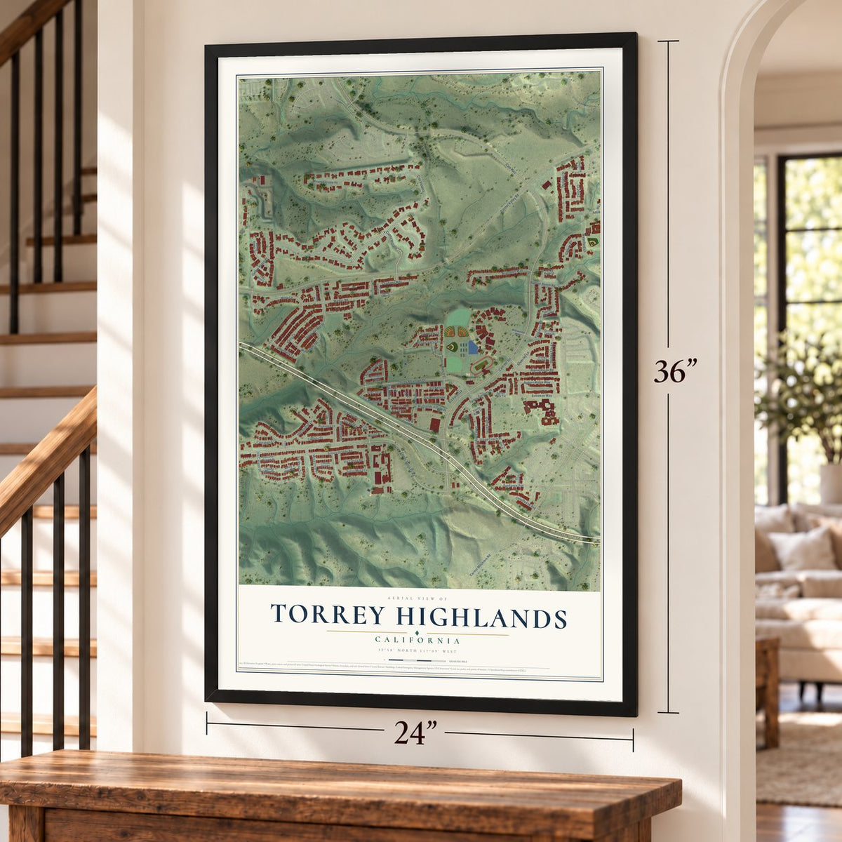 Torrey Highlands, California map, 24 x 36 inch print in a black frame by a staircase