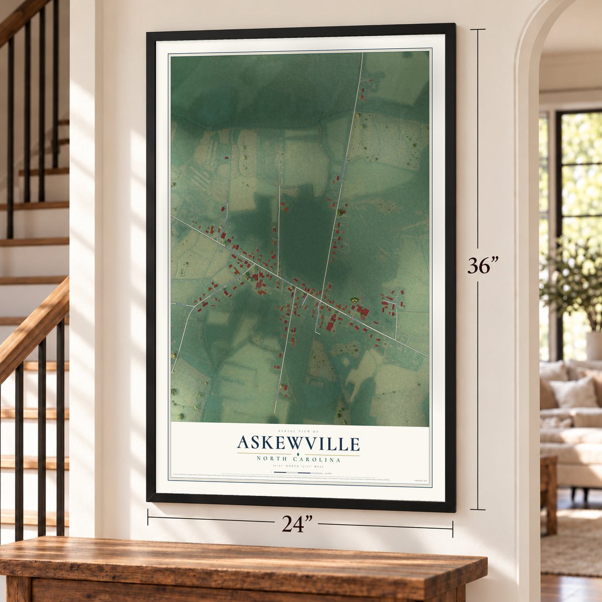 Askewville, North Carolina map, 24 x 36 inch print in a black frame by a staircase