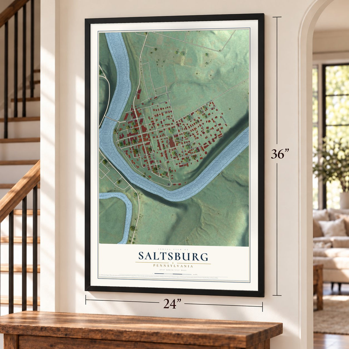 Saltsburg, Pennsylvania map, 24 x 36 inch print in a black frame by a staircase