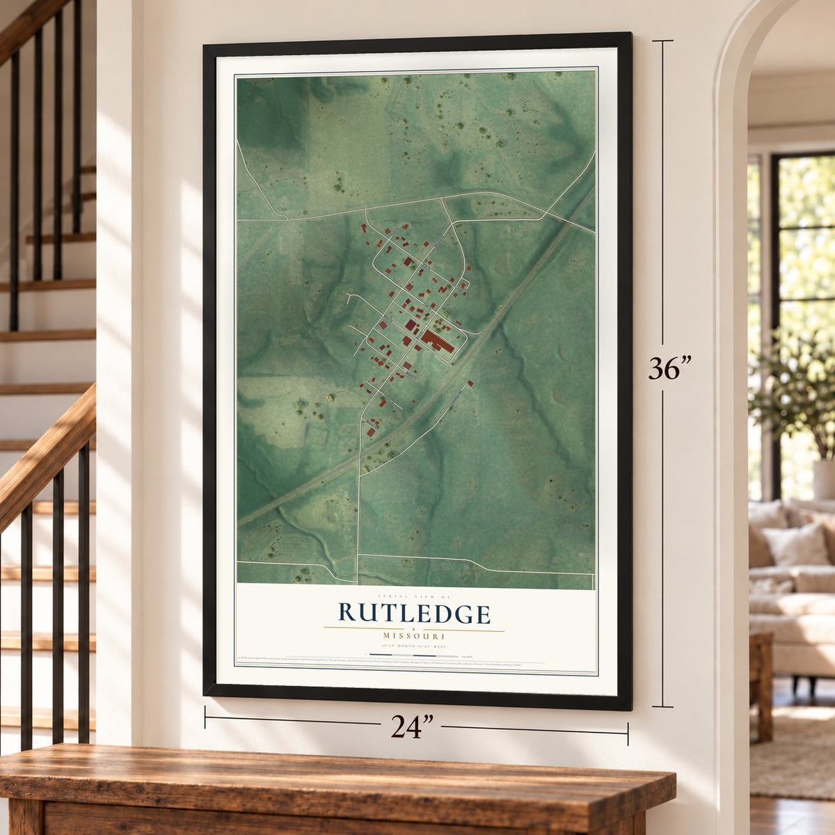 Rutledge, Missouri map, 24 x 36 inch print in a black frame by a staircase