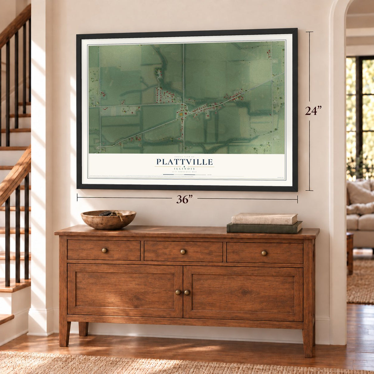 Plattville, Illinois map, 24 x 36 inch print in a black frame above a dresser by a staircase