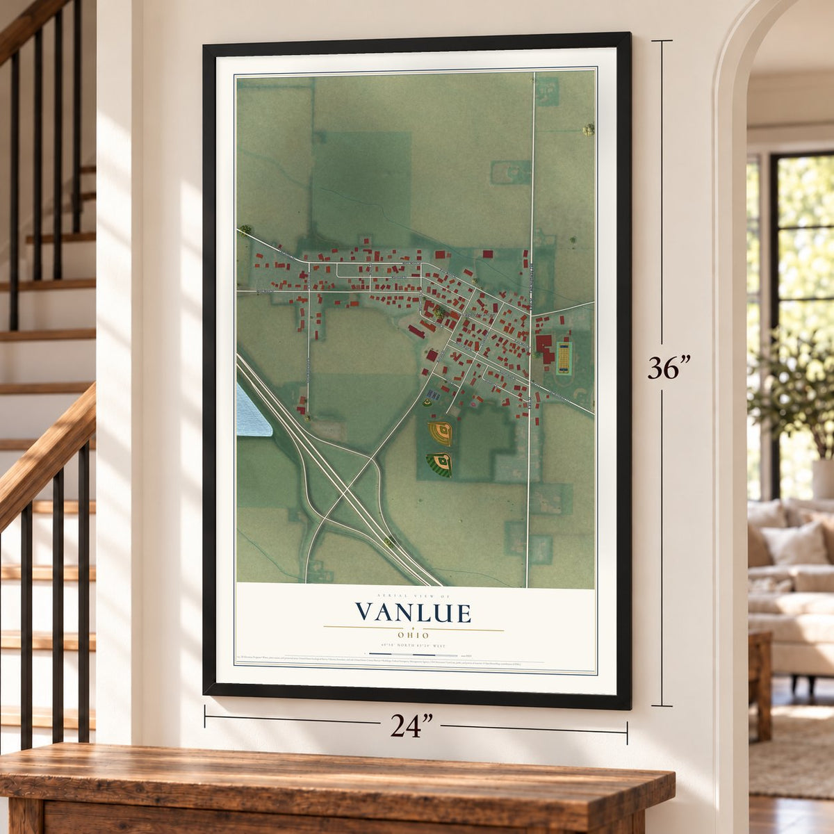 Vanlue, Ohio map, 24 x 36 inch print in a black frame by a staircase