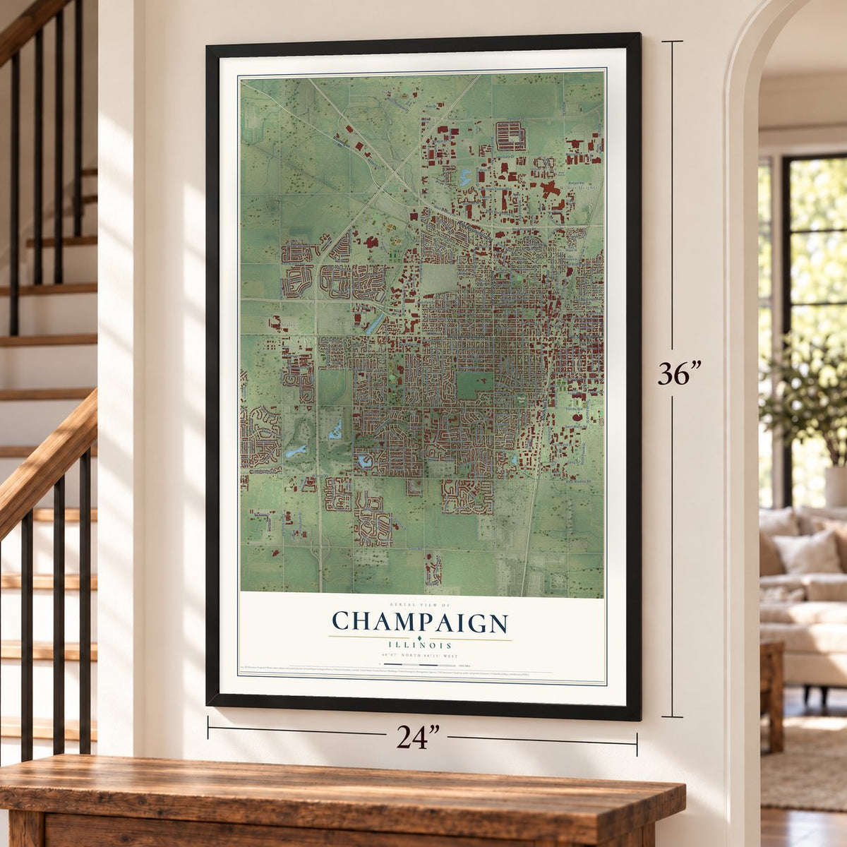 Champaign, Illinois map, 24 x 36 inch print in a black frame by a staircase