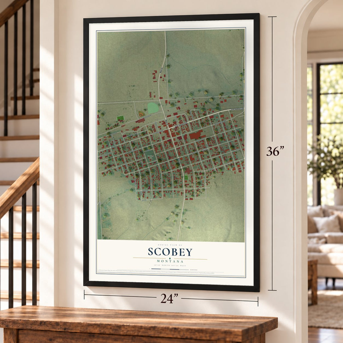 Scobey, Montana map, 24 x 36 inch print in a black frame by a staircase