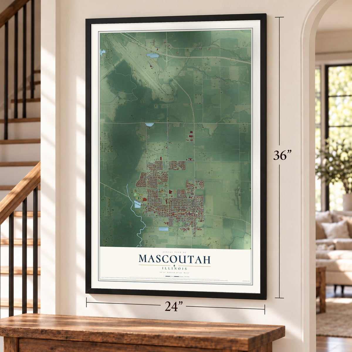 Mascoutah, Illinois map, 24 x 36 inch print in a black frame by a staircase