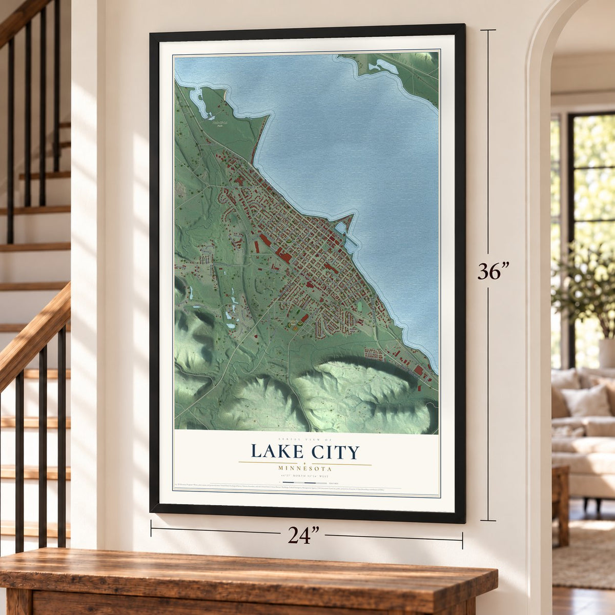 Lake City, Minnesota map, 24 x 36 inch print in a black frame by a staircase
