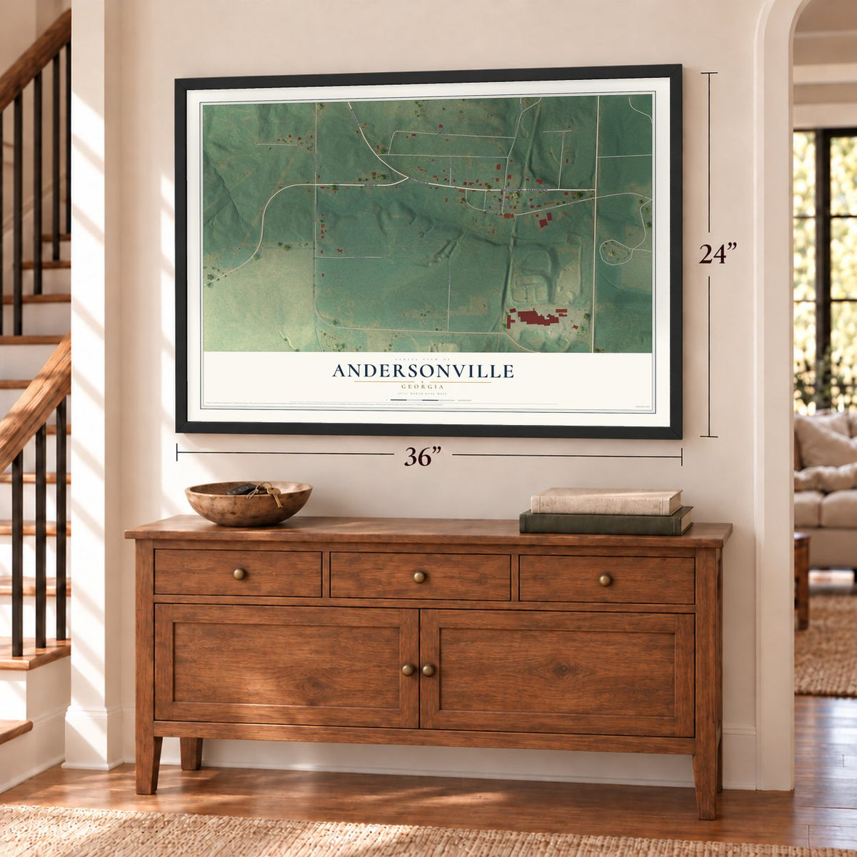 Andersonville, Georgia map, 24 x 36 inch print in a black frame above a dresser by a staircase