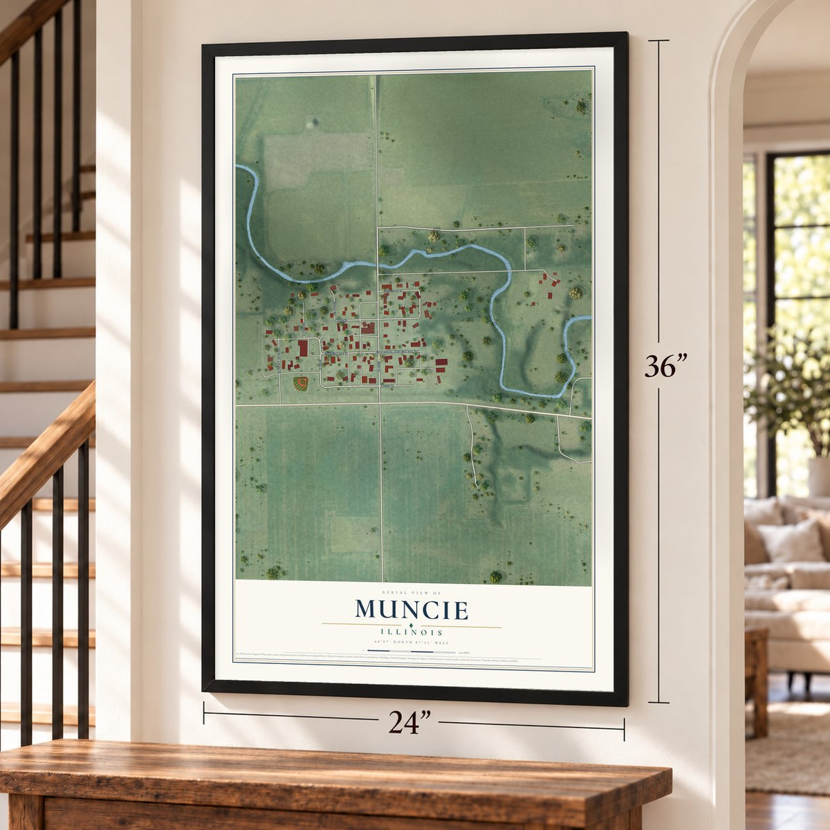 Muncie, Illinois map, 24 x 36 inch print in a black frame by a staircase