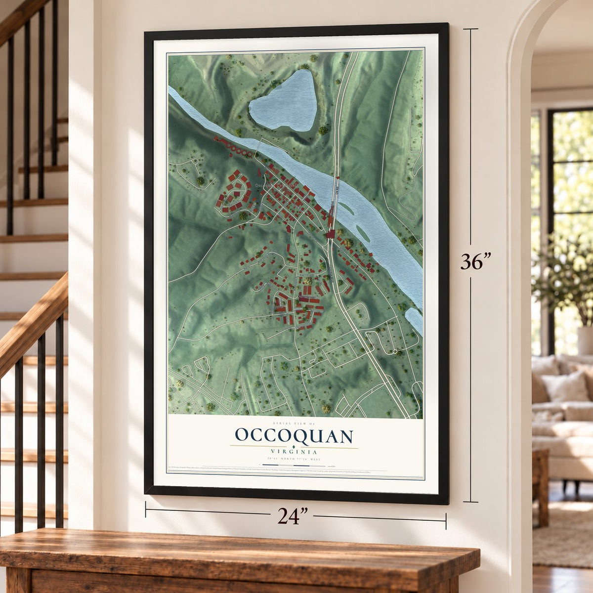Occoquan, Virginia map, 24 x 36 inch print in a black frame by a staircase