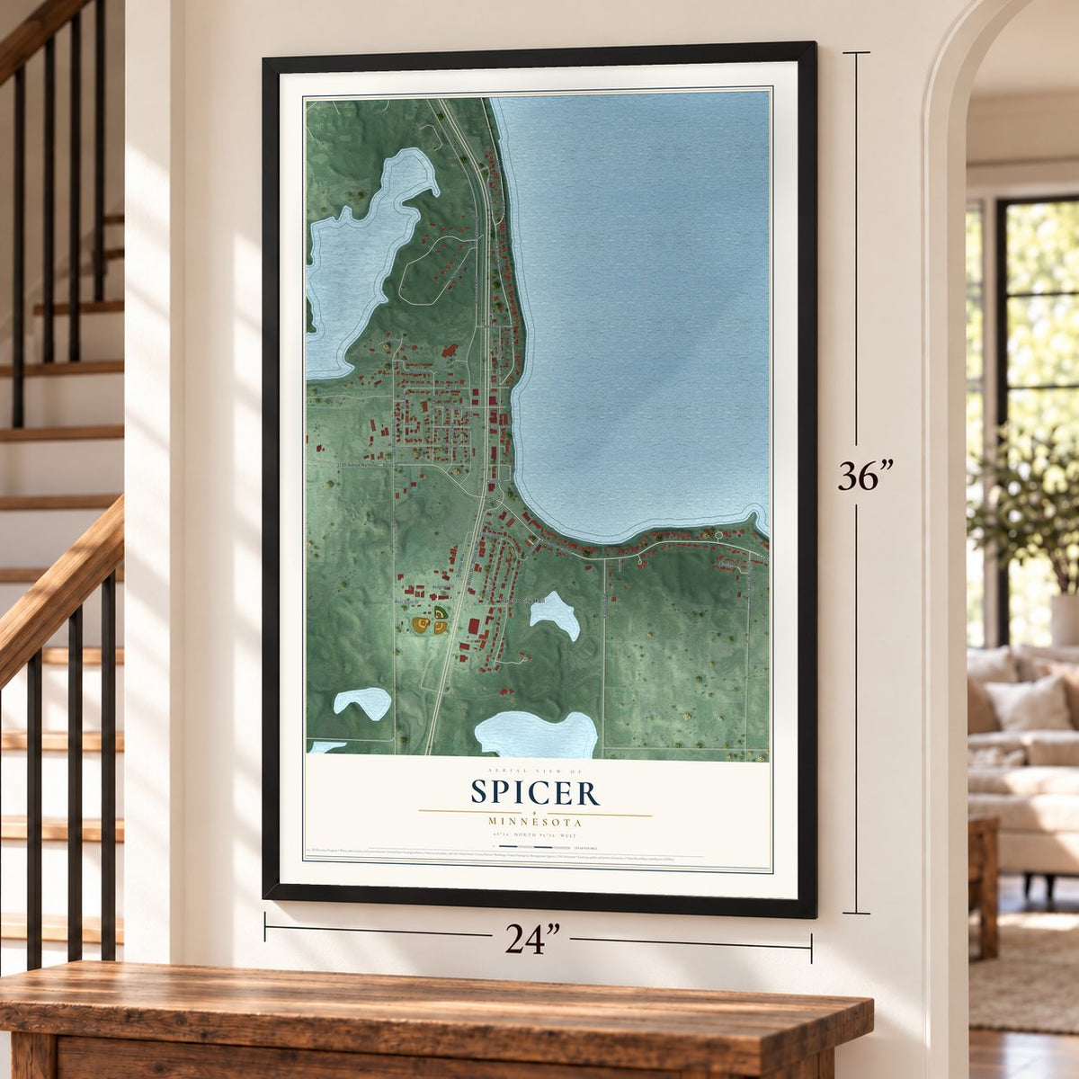 Spicer, Minnesota map, 24 x 36 inch print in a black frame by a staircase