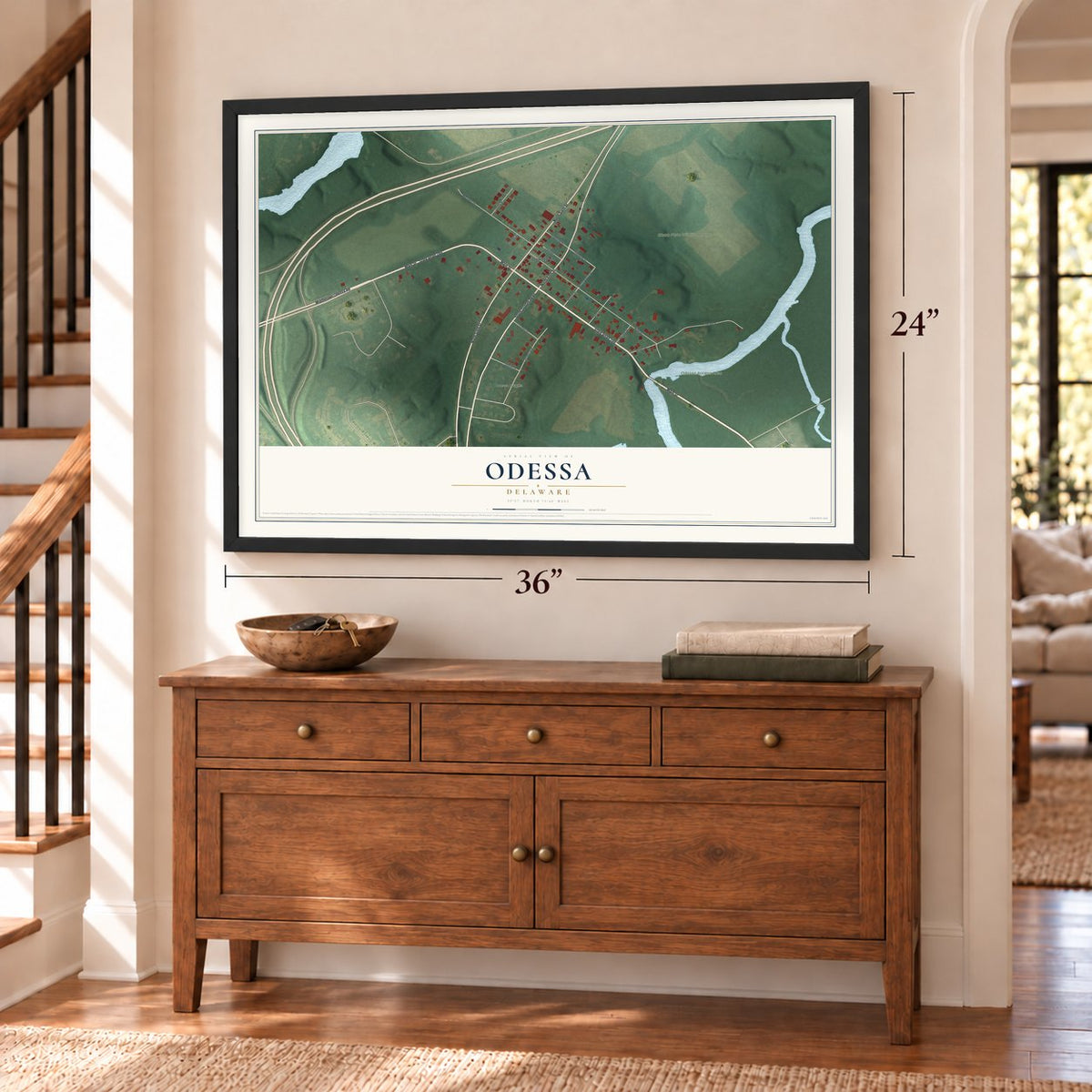 Odessa, Delaware map, 24 x 36 inch print in a black frame above a dresser by a staircase