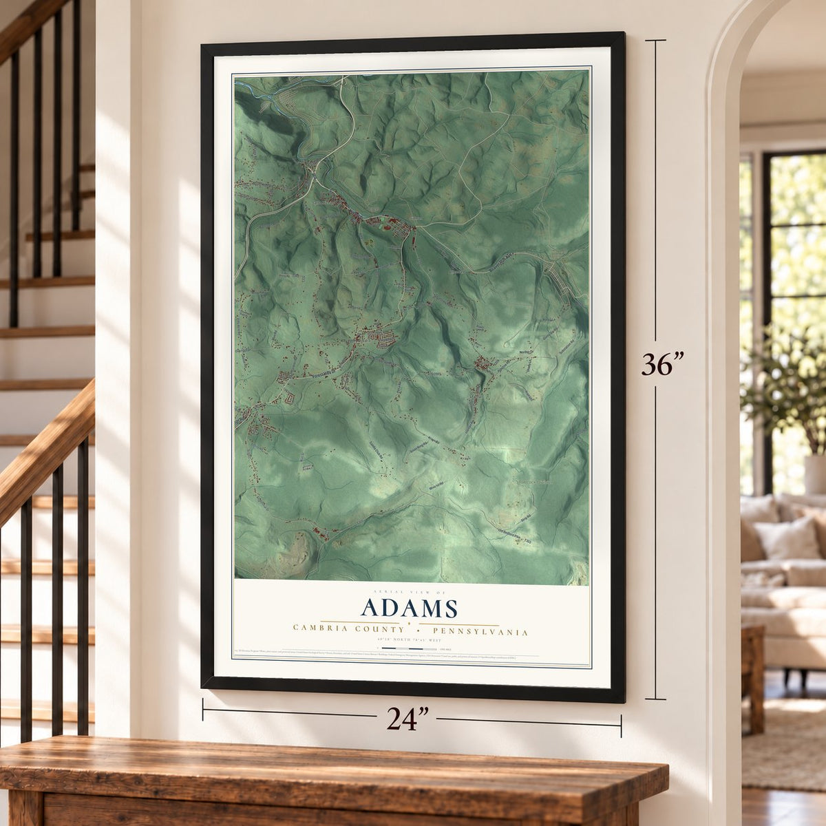Adams, Cambria County, Pennsylvania map, 24 x 36 inch print in a black frame by a staircase