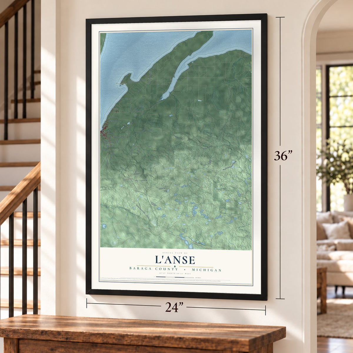 L'Anse, Baraga County, Michigan map, 24 x 36 inch print in a black frame by a staircase
