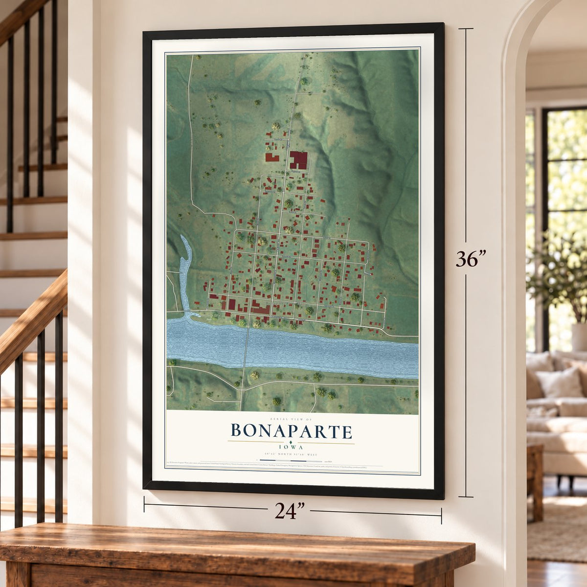 Bonaparte, Iowa map, 24 x 36 inch print in a black frame by a staircase
