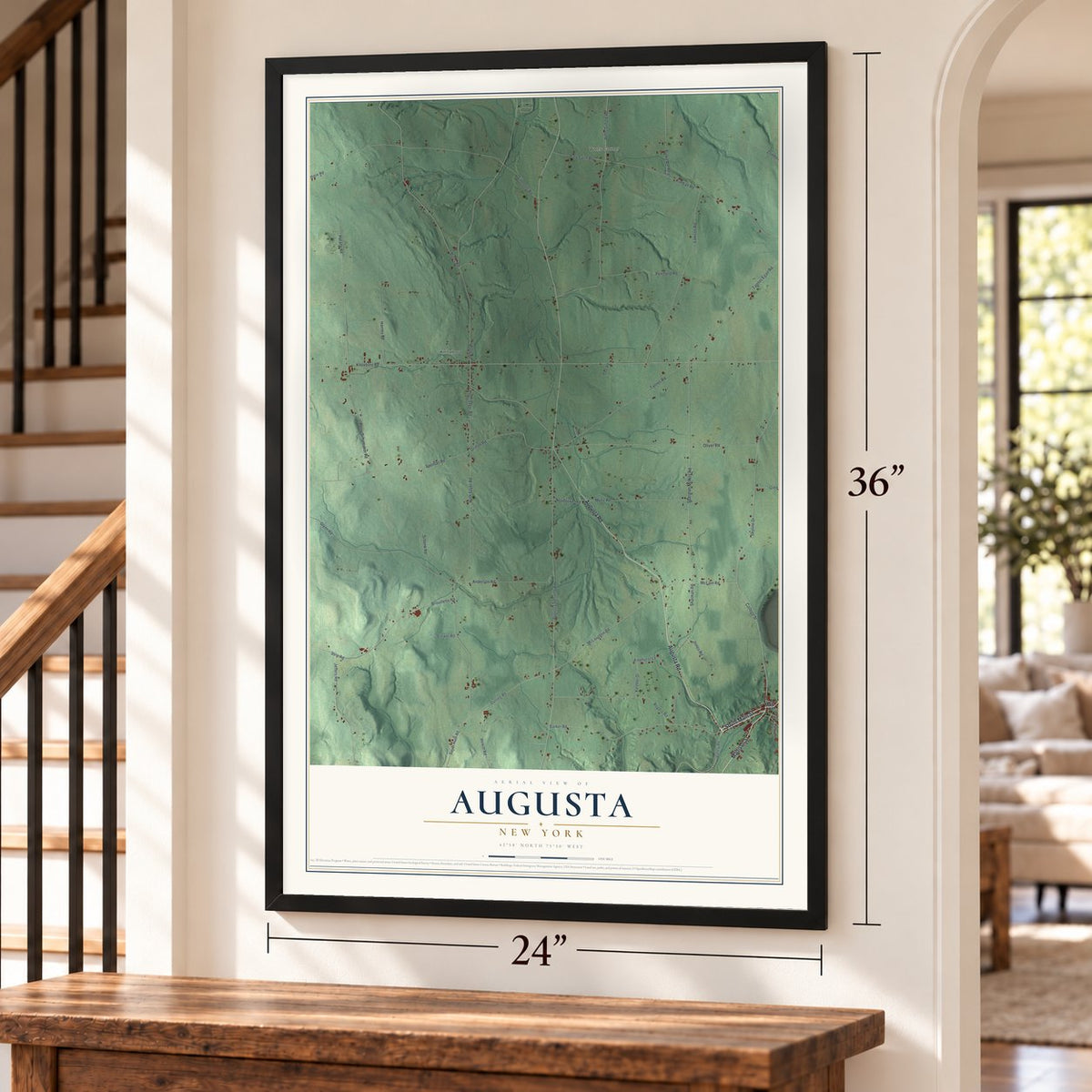 Augusta, New York map, 24 x 36 inch print in a black frame by a staircase