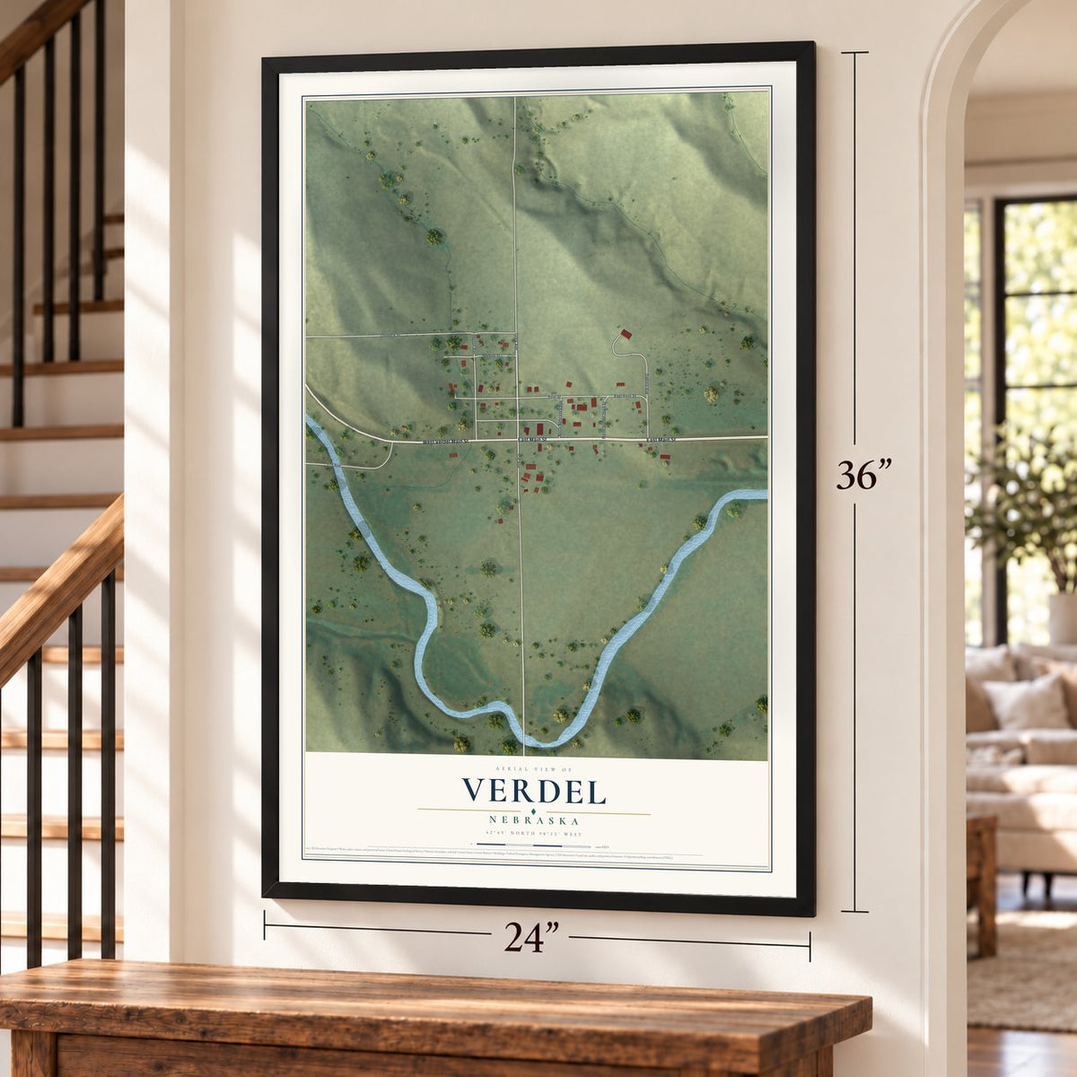 Verdel, Nebraska map, 24 x 36 inch print in a black frame by a staircase