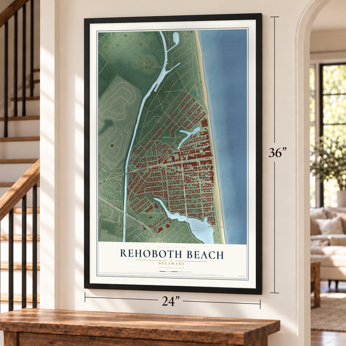 Rehoboth Beach, Delaware map, 24 x 36 inch print in a black frame by a staircase