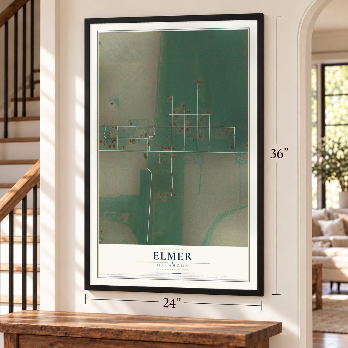 Elmer, Oklahoma map, 24 x 36 inch print in a black frame by a staircase