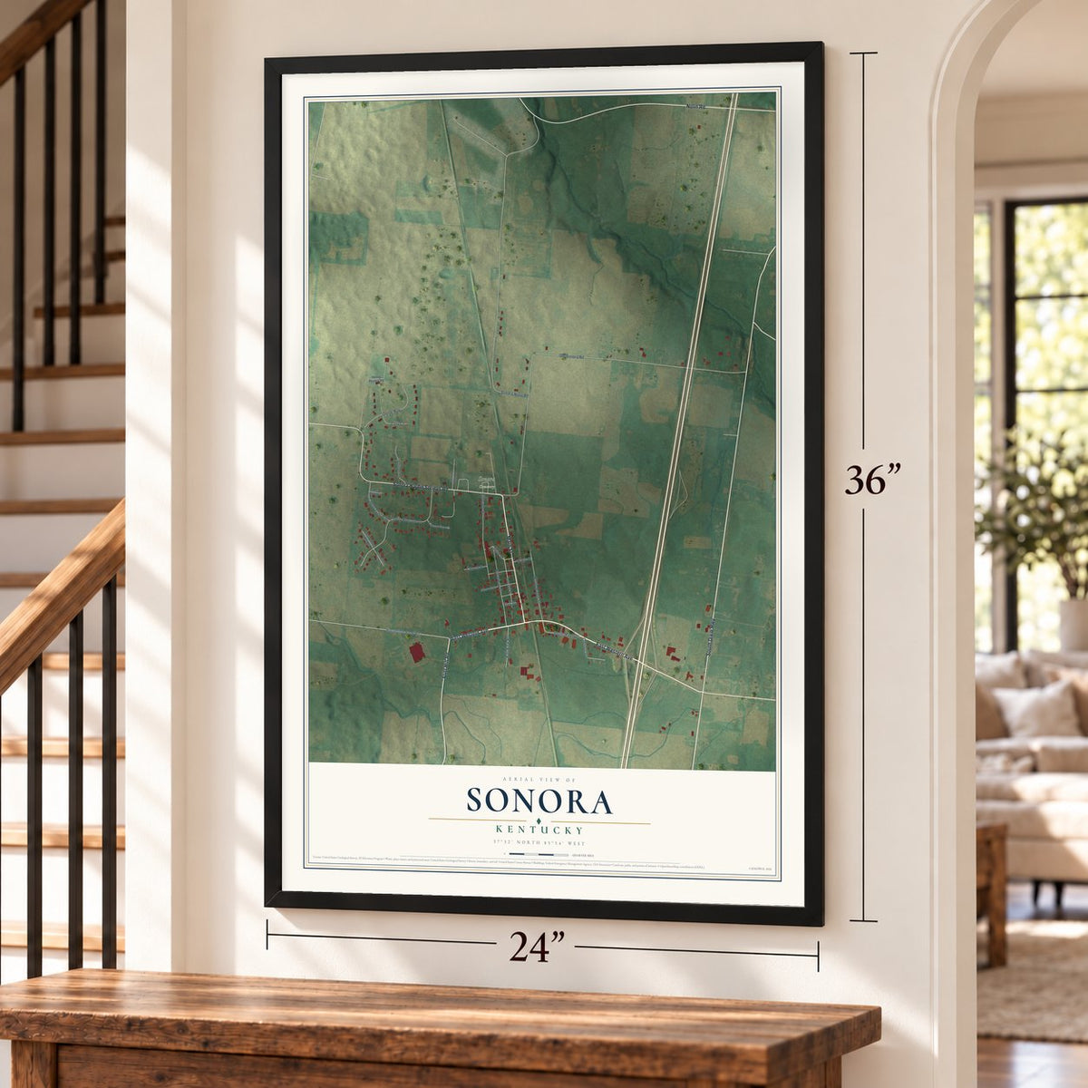 Sonora, Kentucky map, 24 x 36 inch print in a black frame by a staircase