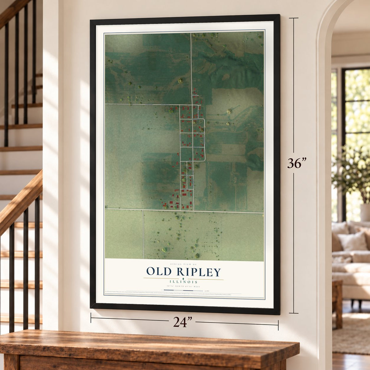 Old Ripley, Illinois map, 24 x 36 inch print in a black frame by a staircase