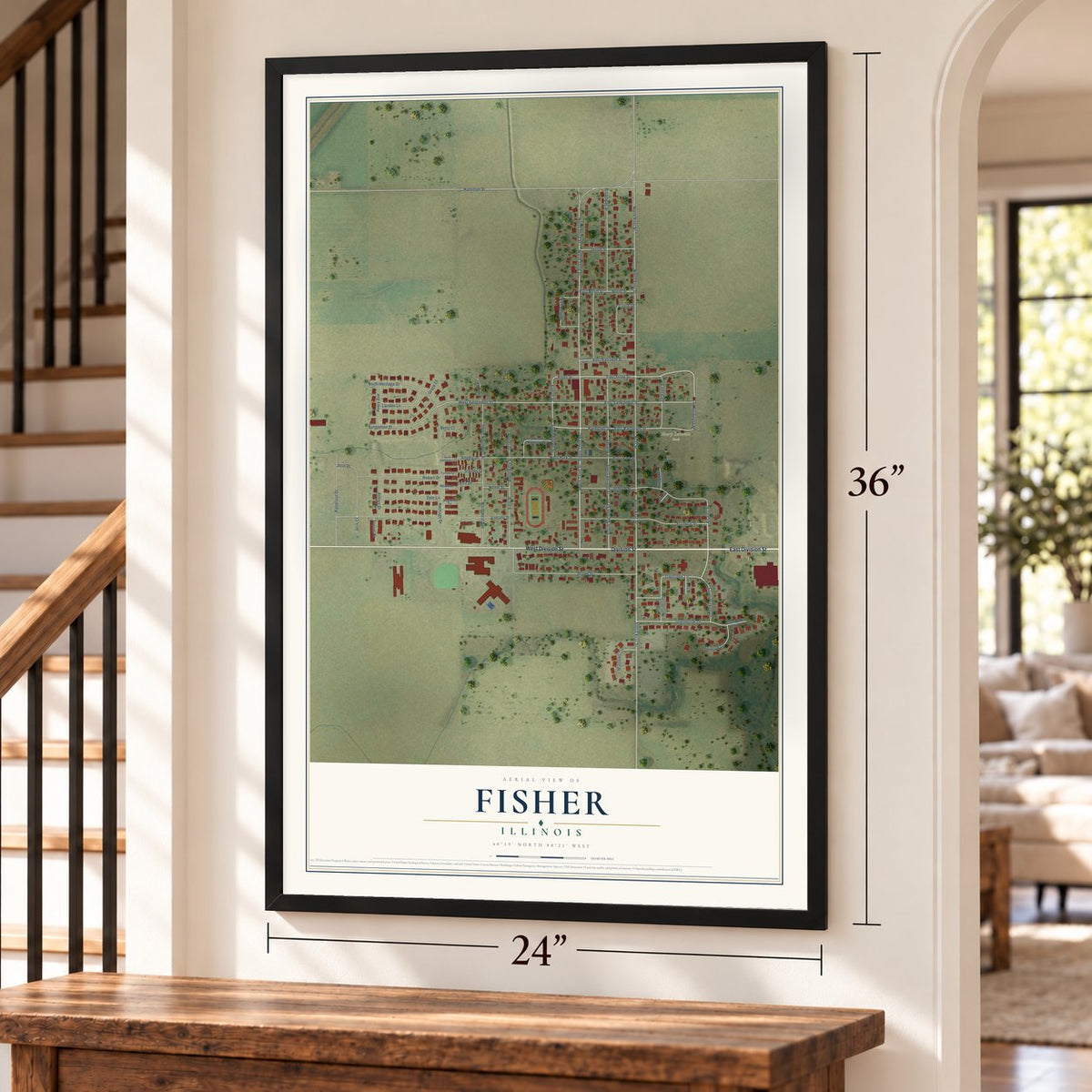 Fisher, Illinois map, 24 x 36 inch print in a black frame by a staircase