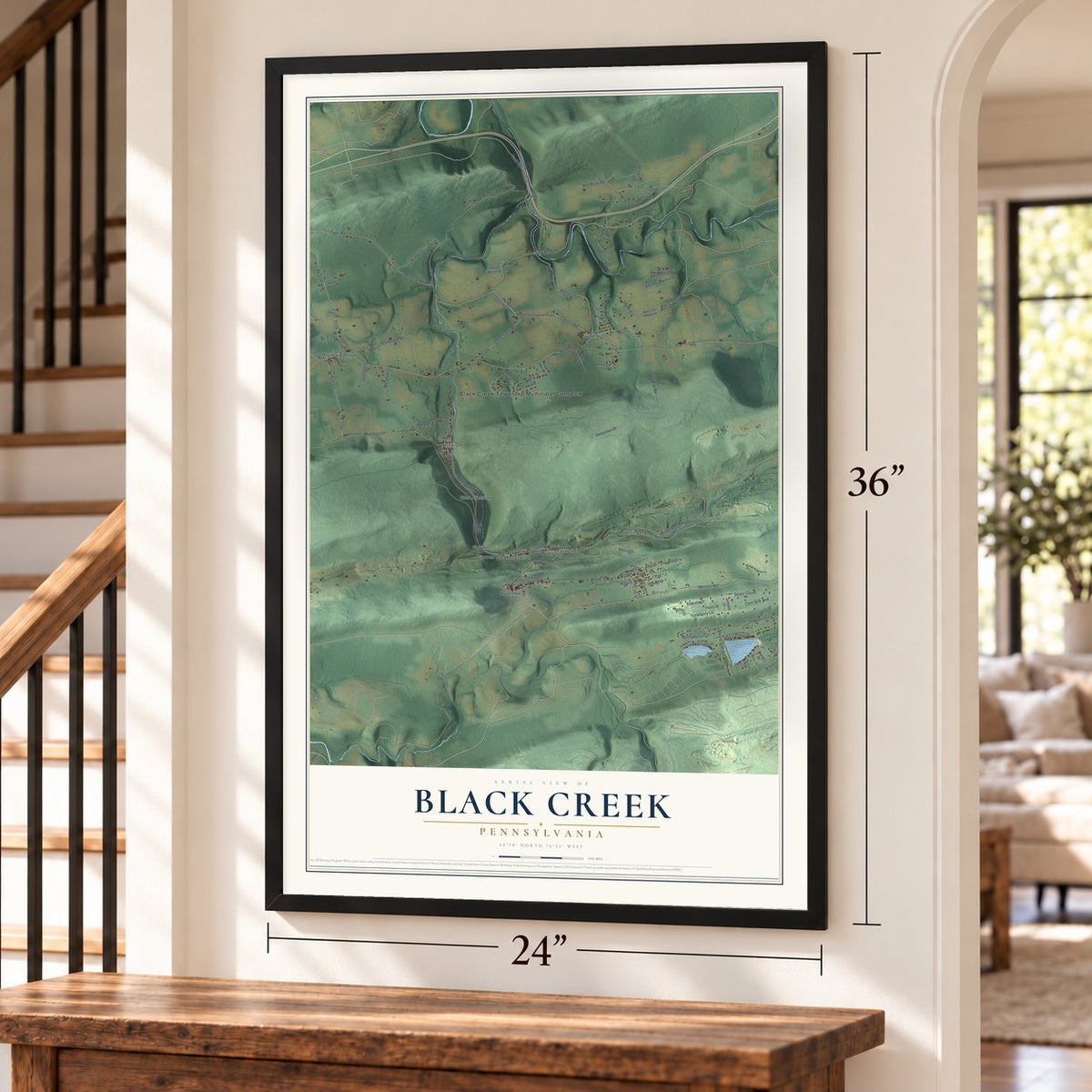 Black Creek, Pennsylvania map, 24 x 36 inch print in a black frame by a staircase