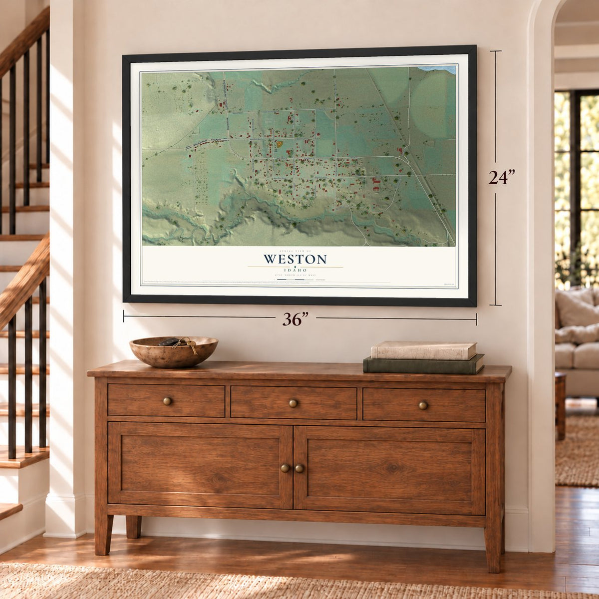 Weston, Idaho map, 24 x 36 inch print in a black frame above a dresser by a staircase