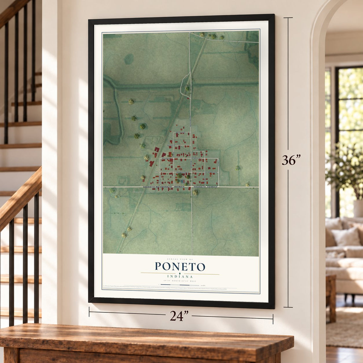 Poneto, Indiana map, 24 x 36 inch print in a black frame by a staircase