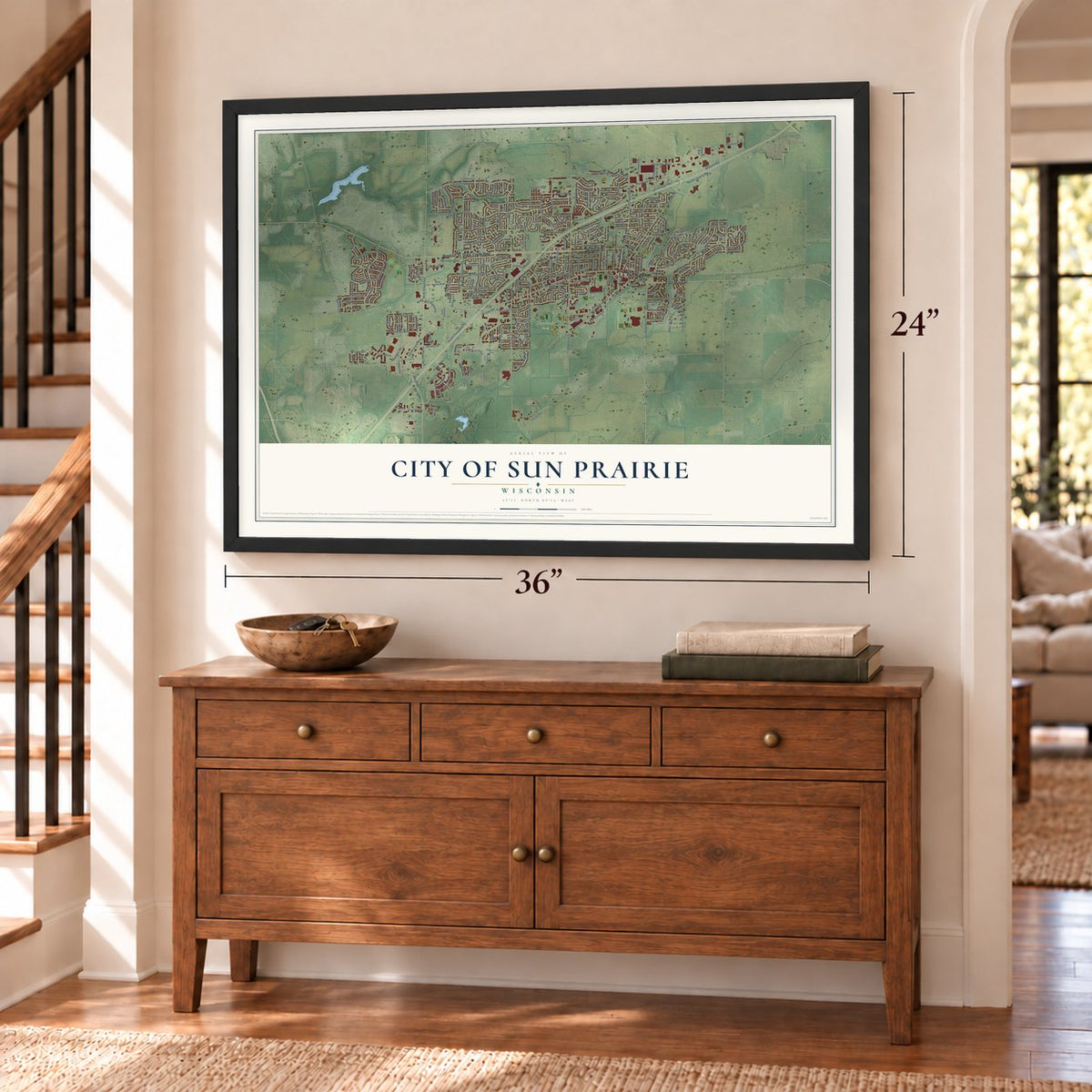 Sun Prairie, Wisconsin map, 24 x 36 inch print in a black frame above a dresser by a staircase