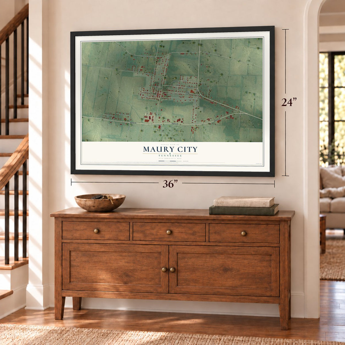 Maury City, Tennessee map, 24 x 36 inch print in a black frame above a dresser by a staircase