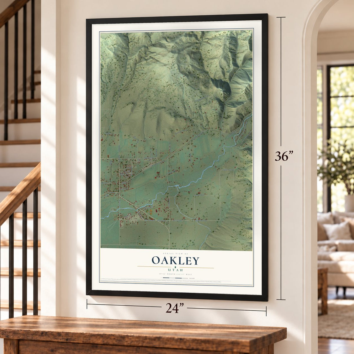 Oakley, Utah map, 24 x 36 inch print in a black frame by a staircase