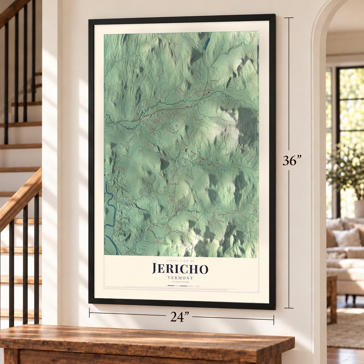 Jericho, Vermont map, 24 x 36 inch print in a black frame by a staircase