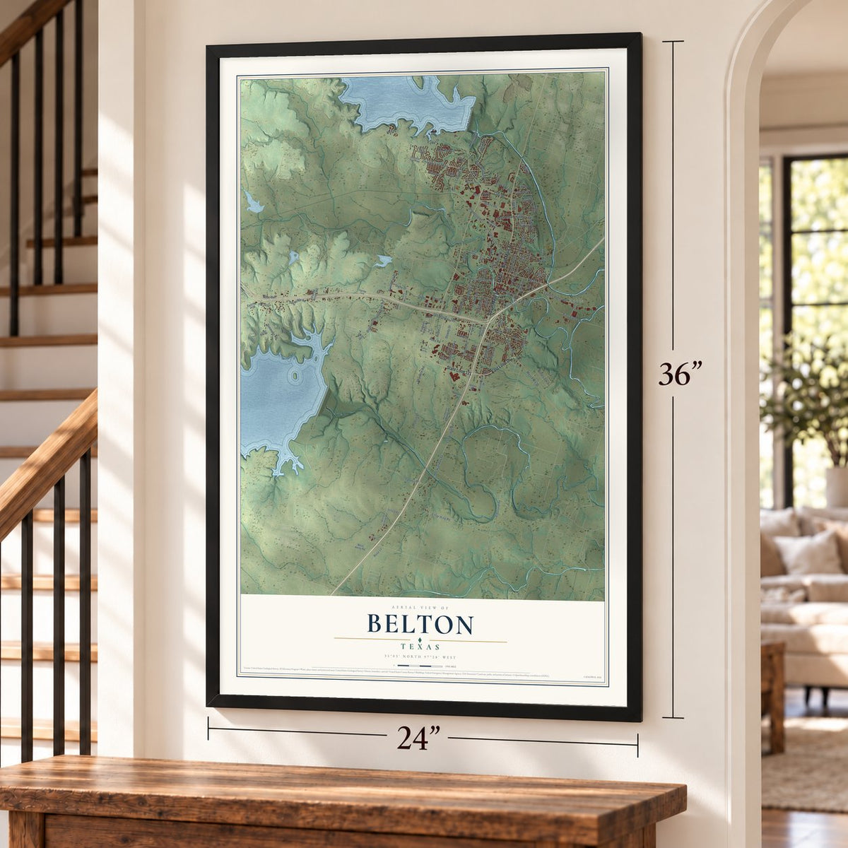 Belton, Texas map, 24 x 36 inch print in a black frame by a staircase