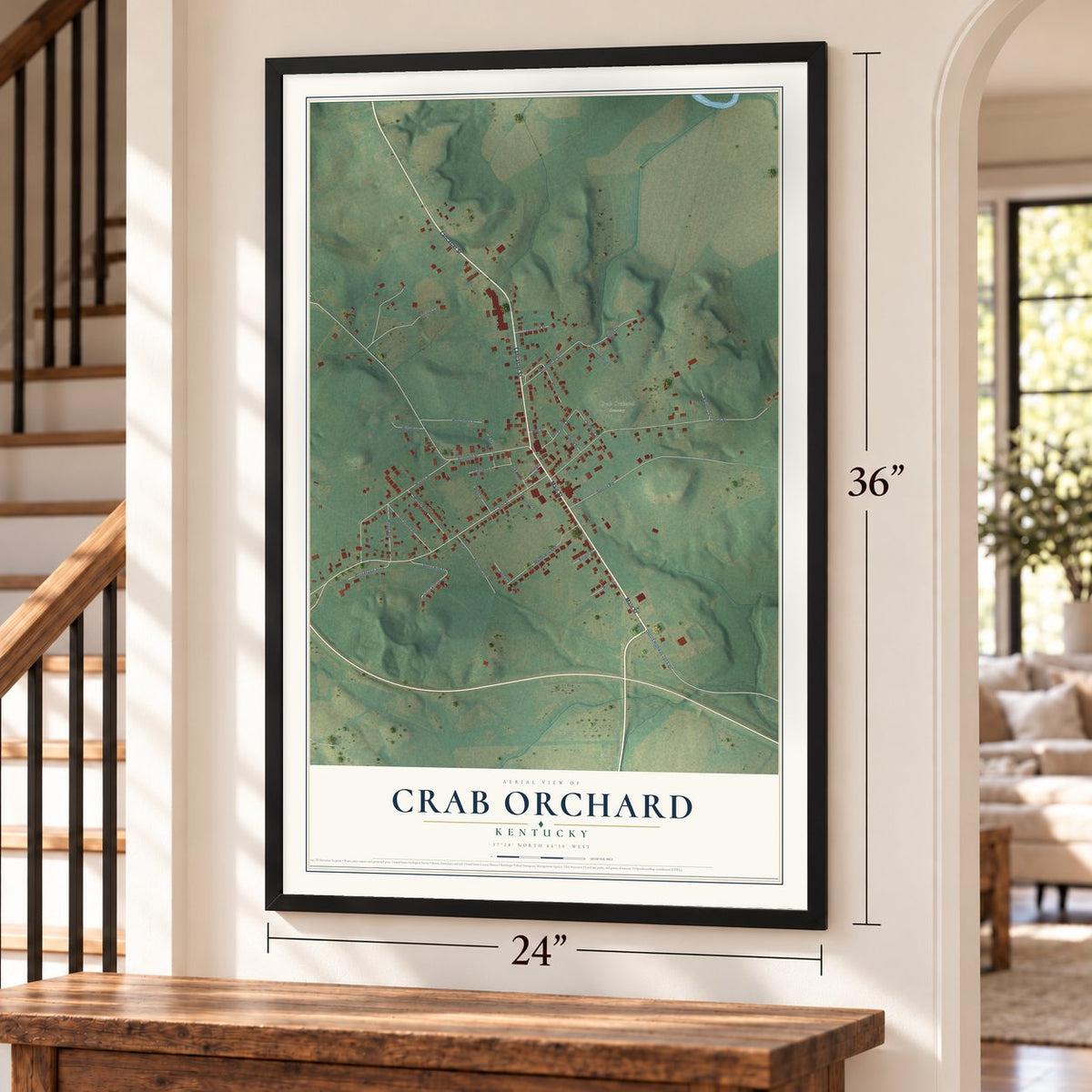 Crab Orchard, Kentucky map, 24 x 36 inch print in a black frame by a staircase