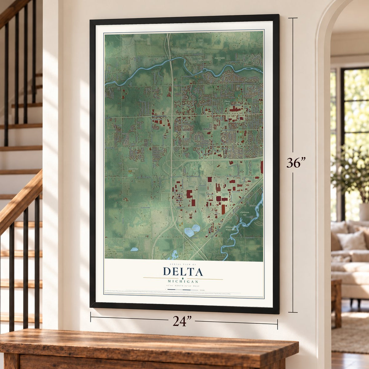 Delta, Michigan map, 24 x 36 inch print in a black frame by a staircase
