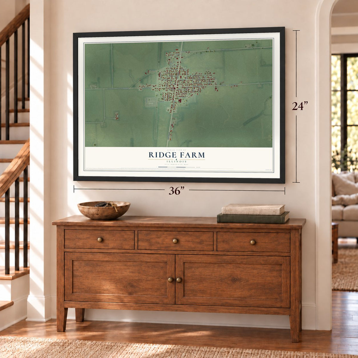 Ridge Farm, Illinois map, 24 x 36 inch print in a black frame above a dresser by a staircase