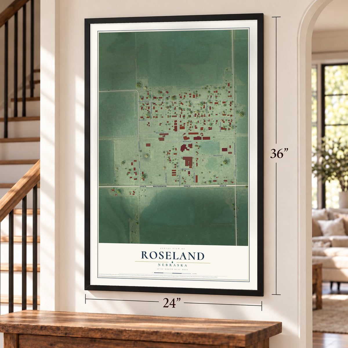 Roseland, Nebraska map, 24 x 36 inch print in a black frame by a staircase