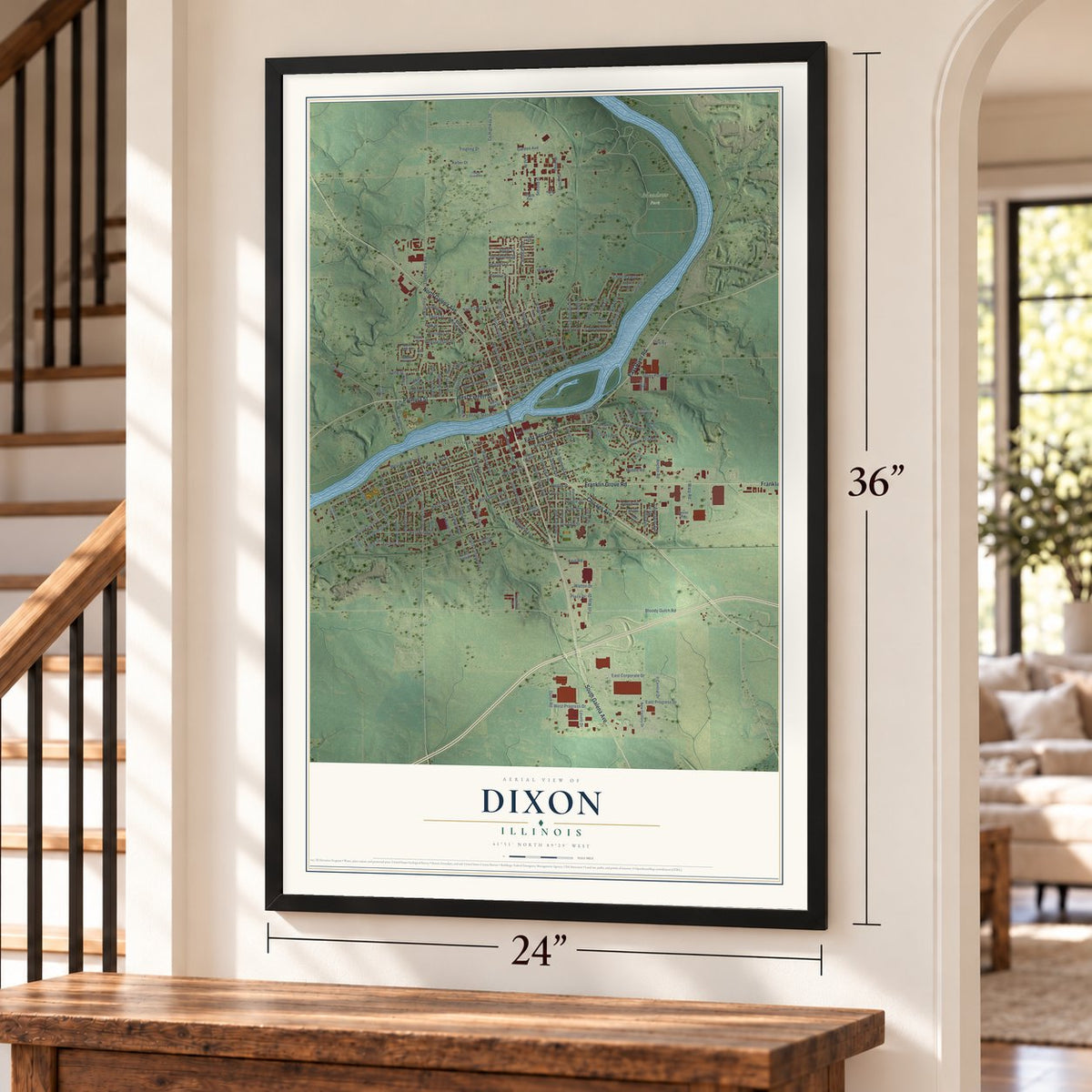 Dixon, Illinois map, 24 x 36 inch print in a black frame by a staircase