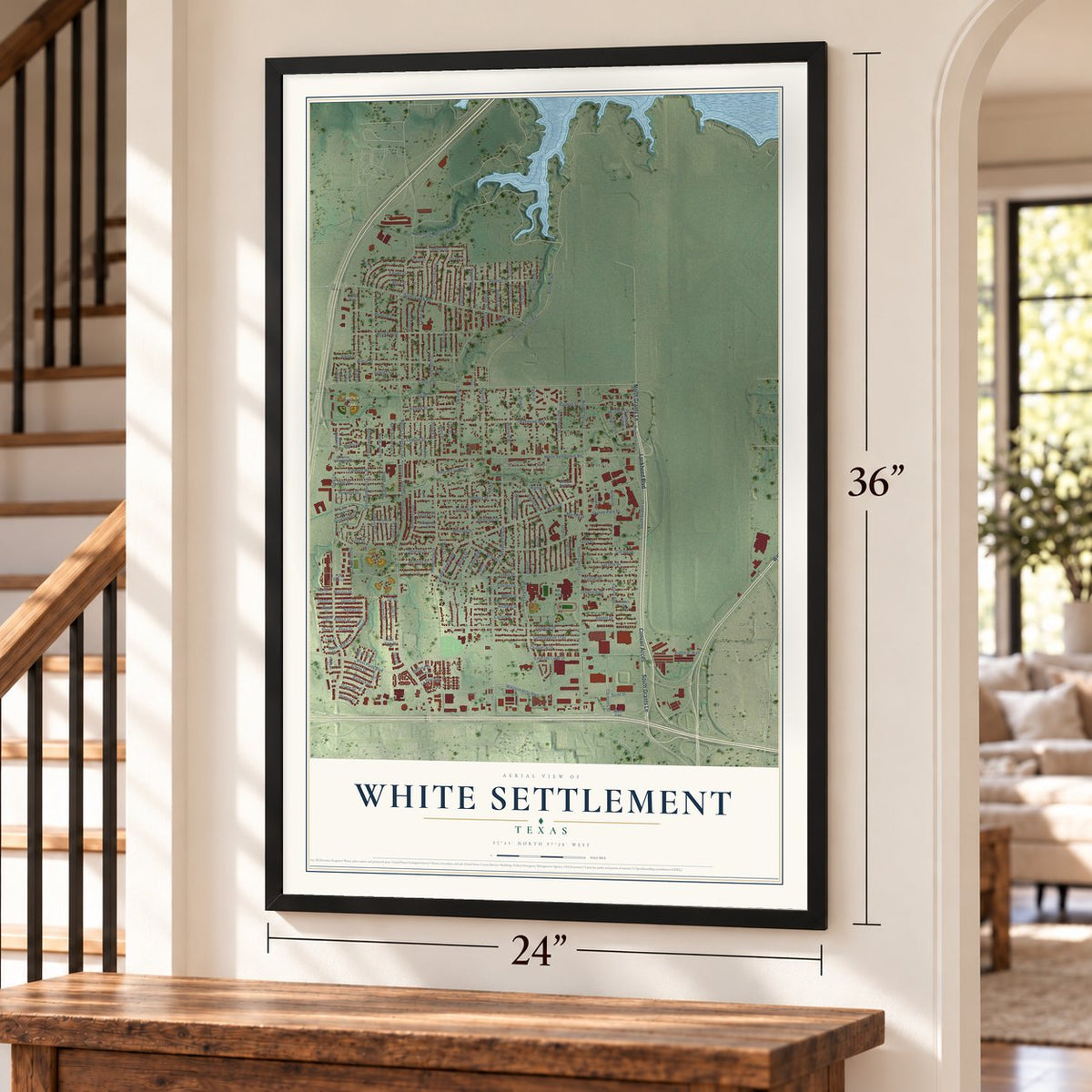 White Settlement, Texas map, 24 x 36 inch print in a black frame by a staircase
