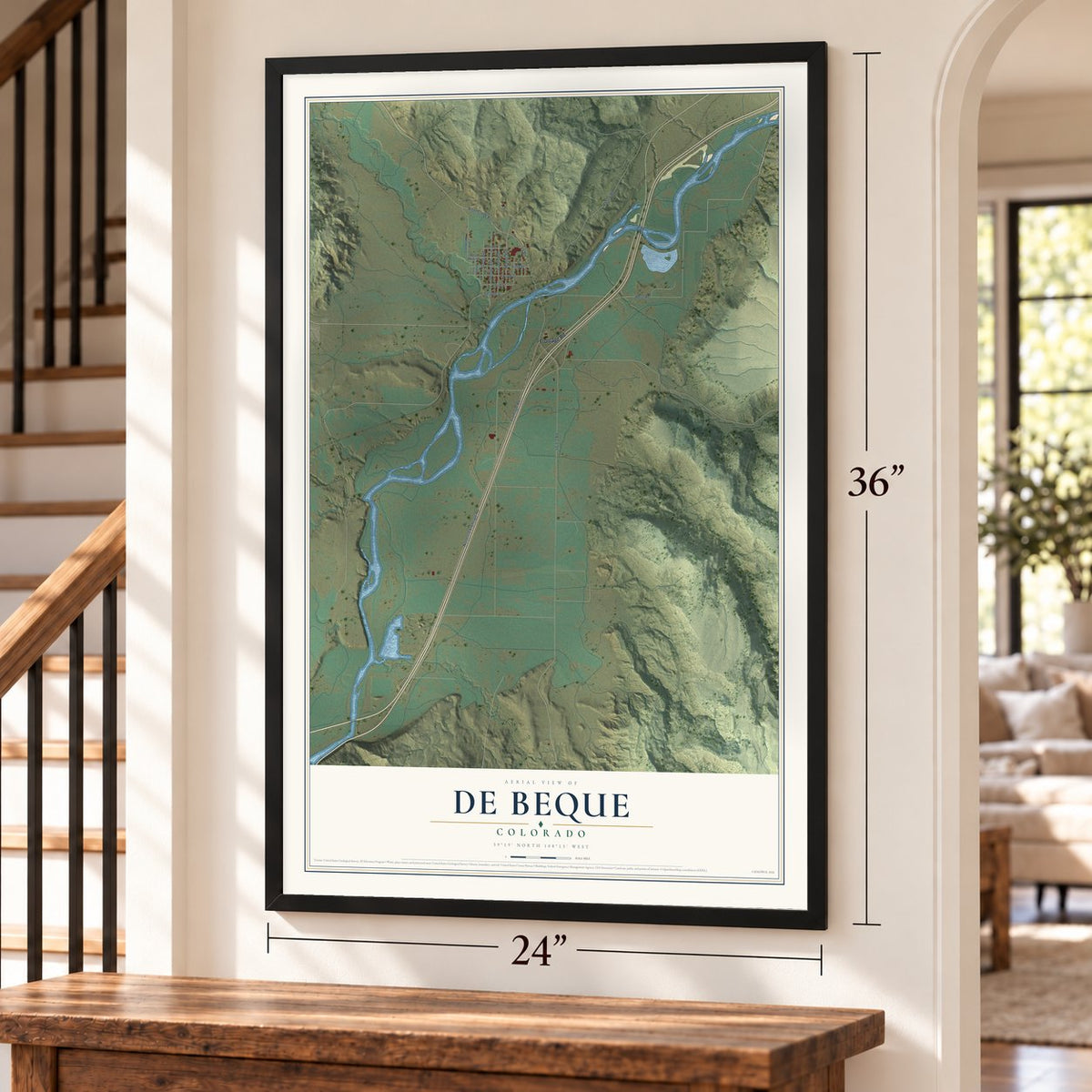 De Beque, Colorado map, 24 x 36 inch print in a black frame by a staircase