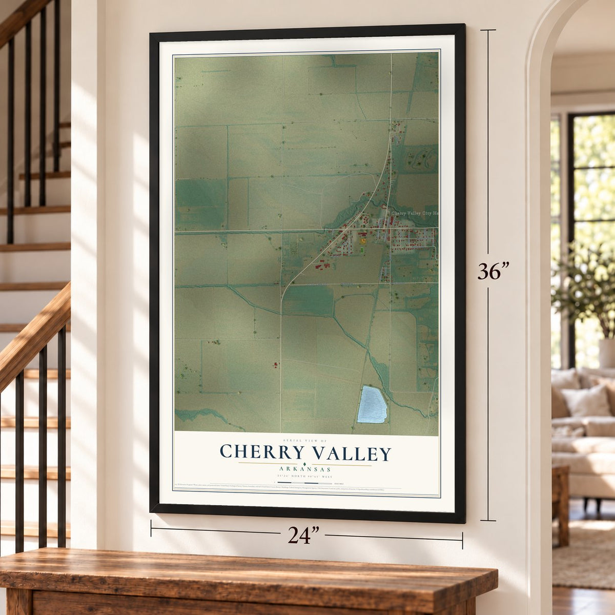 Cherry Valley, Arkansas map, 24 x 36 inch print in a black frame by a staircase