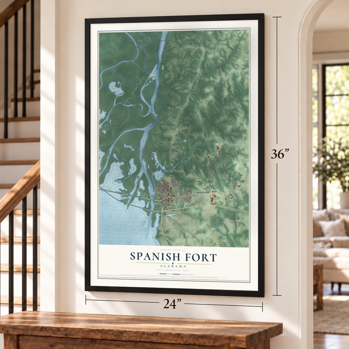 Spanish Fort, Alabama map, 24 x 36 inch print in a black frame by a staircase