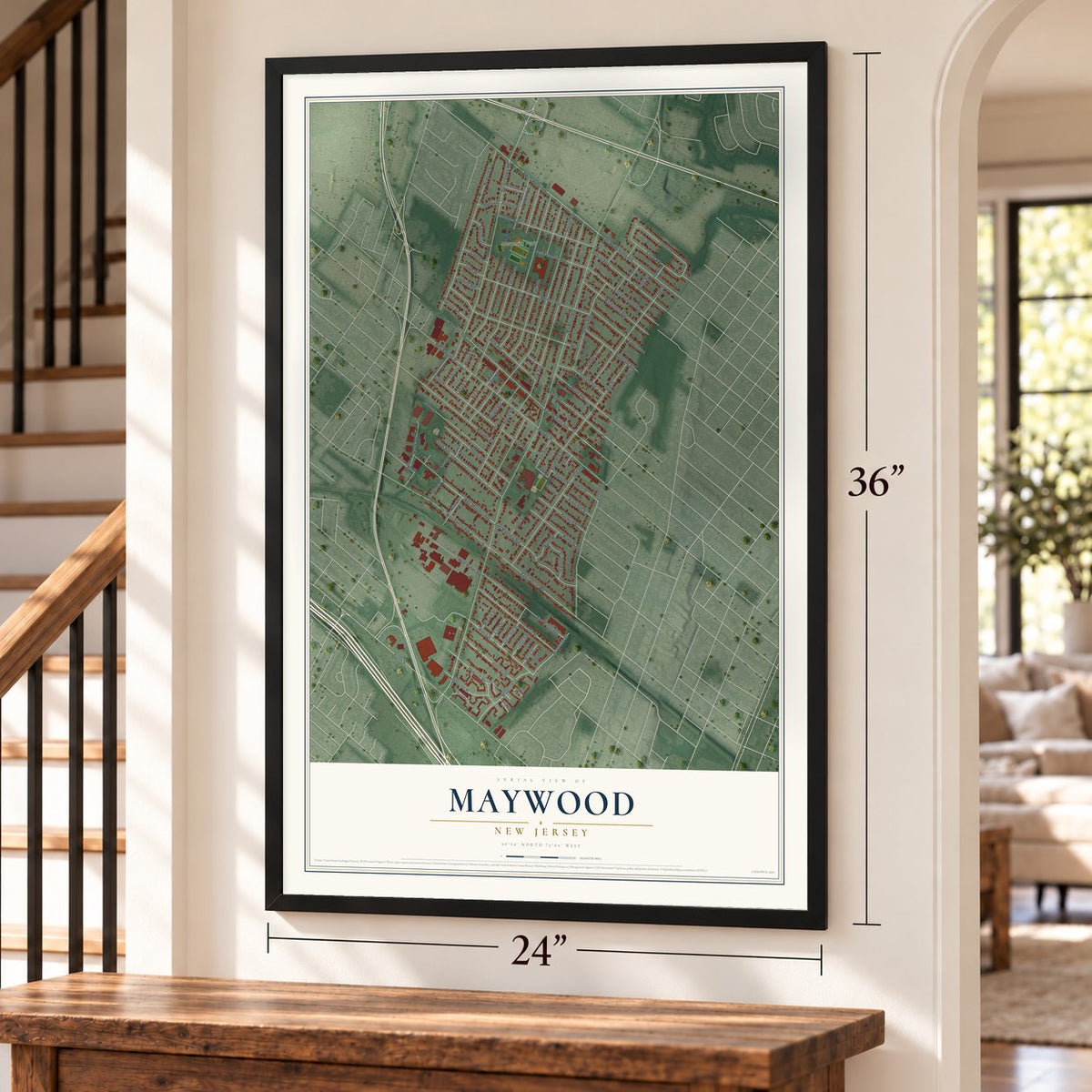 Maywood, New Jersey map, 24 x 36 inch print in a black frame by a staircase